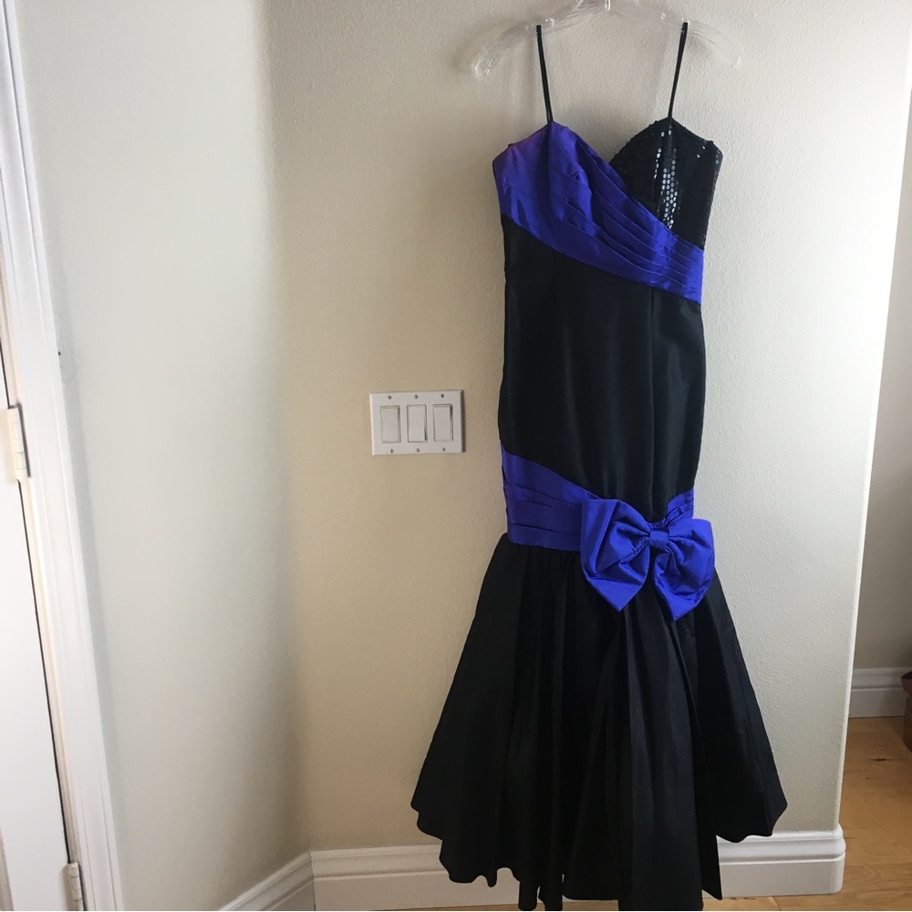 Vintage Gunne Sax Jessica McClintock Black Taffeta Mermaid Dress Blue trim 5-6